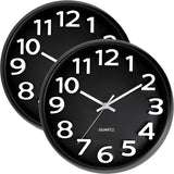 13 Inch Black Wall Clock with 3D Numerals - 2 Pack