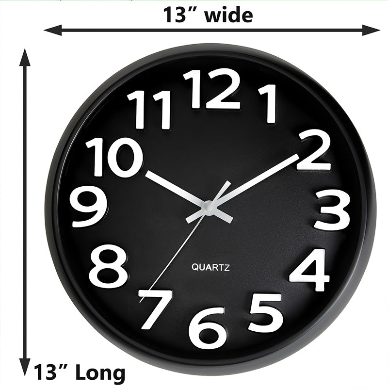 13 Inch Black Wall Clock with 3D Numerals - 2 Pack – Bernhard Products